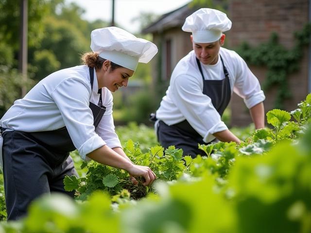 Chefs working with community members in a kitchen garden