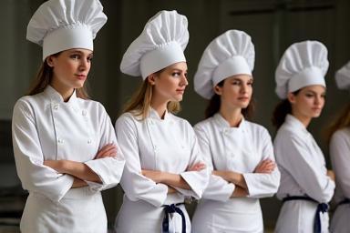 Students in chef uniforms learning knife skills